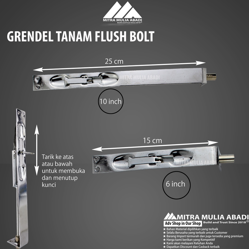 Grendel Tanam Stainless 6&quot;+10&quot; / Slot Tanam | Grendel Tanam Set 6&quot;+10&quot; l Slot Pintu l Flush Bolt l Selot&quot;