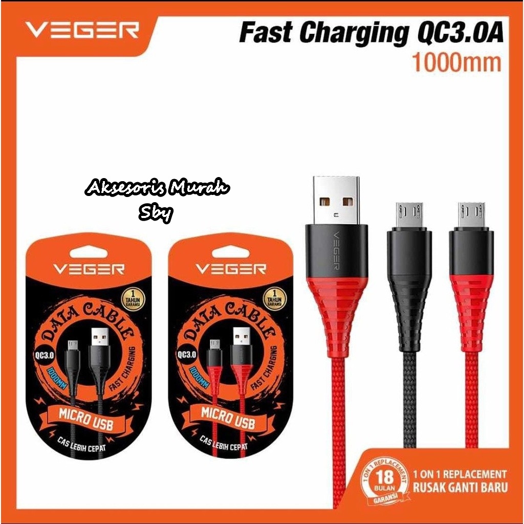 Kabel Data Cable VEGER VG-100 USB MICRO Fast charging Qualcomm QC 3.0A 100% Original