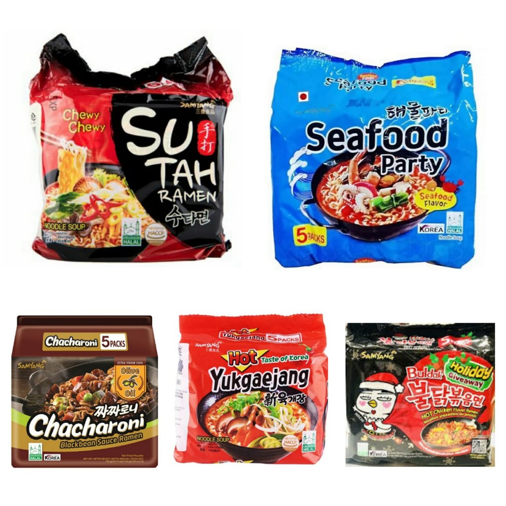 

Samyang - Sutah-Seafood-Yukgaejang-Chacaronni-Buldak Holiday- LOGO HALAL