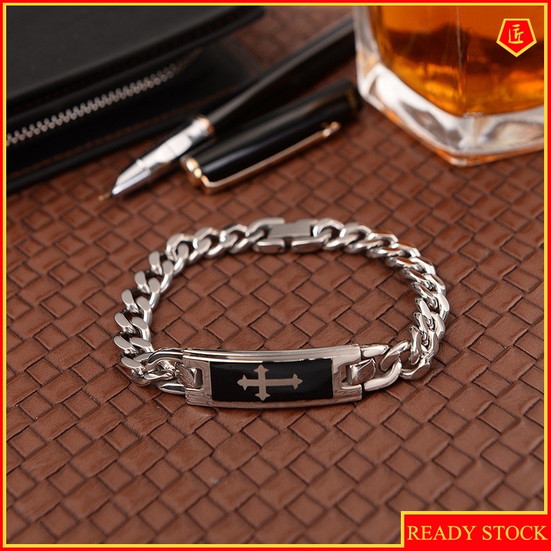 [Ready Stock]Creative Personality Black Cross Curved Brand Men's Bracelet