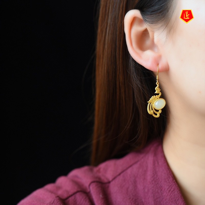 [Ready Stock]Retro Chinese Style Natural Jade Gold Phoenix Earrings