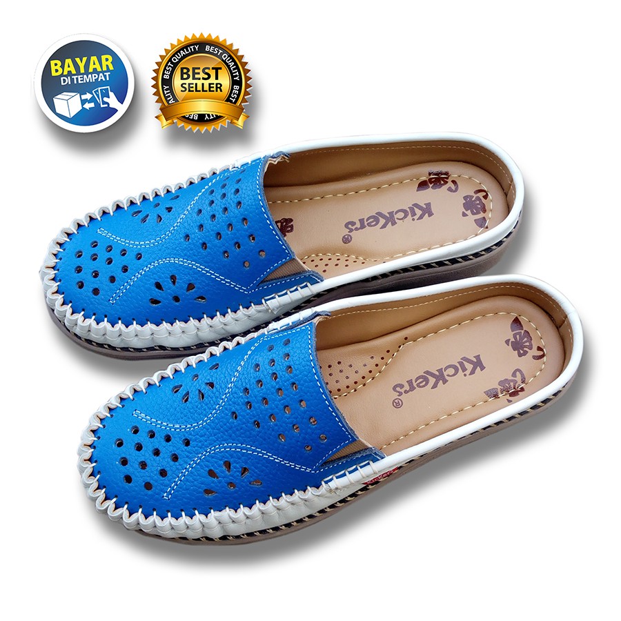 PROMO 4.4 MEGA SALE !! SEPATU WANITA DEWASA SLOP KULIT RAMPEL KULIT SAPI ASLI BIRU PUTIH / SAKIPO