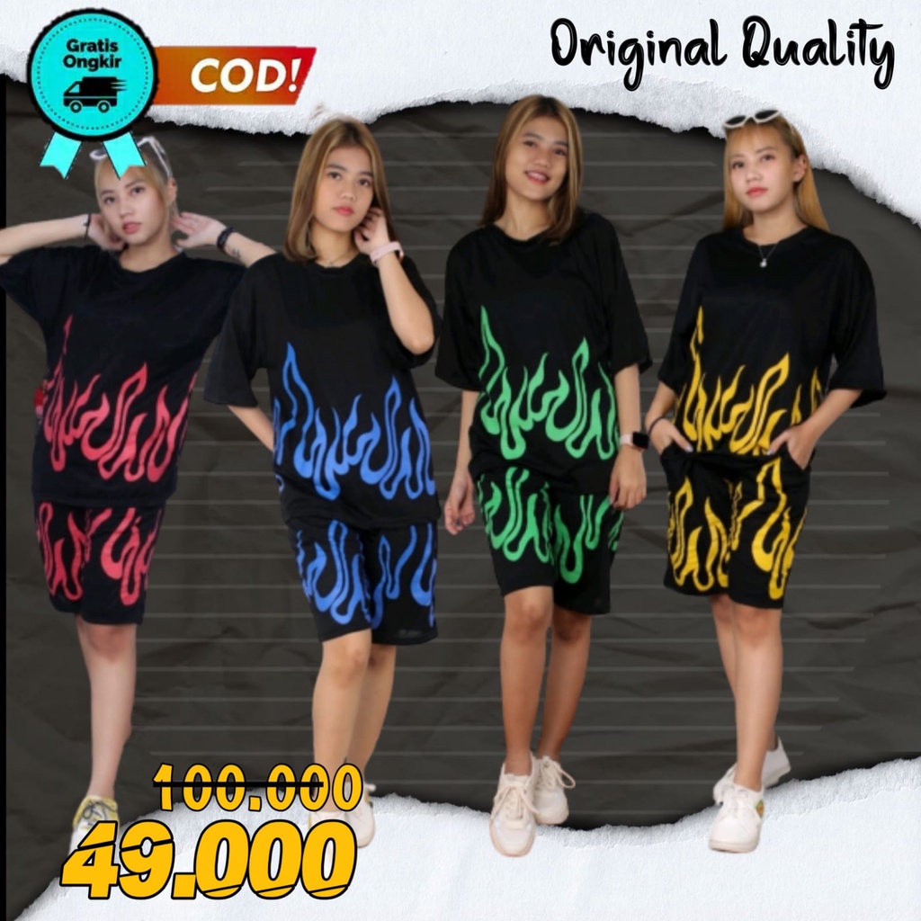 Setelan Set Baju Kaos Motif Api Fire Oversize Ori Billie Eilish