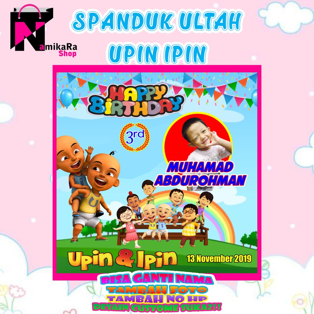 Banner Spanduk Backdrop Happy Birthday Ulang Tahun Tema Upin Ipin Ukuran 1mx1m MURAH