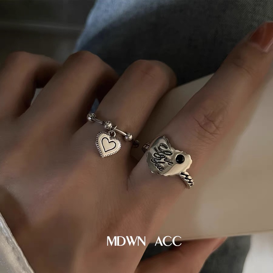 YEEZII Set Cincin Rantai Hati Model Terbuka Dapat Disesuaikan Warna Silver Gaya Retro Untuk Wanita