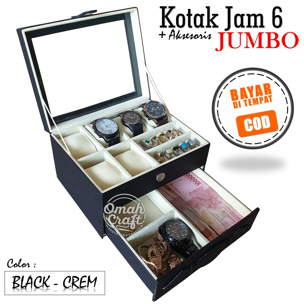 LARGE SIZE - Box Tempat Jam Tangan isi 6 JUMBO Mix Perhiasan / Kotak Tempat Jam Warna HITAM CREM