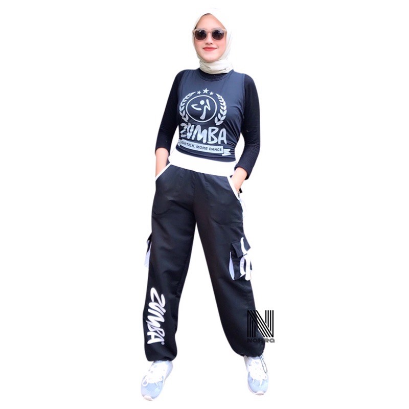 Cargo parasut zumba hitam sablon putih / celana training parasut untuk zumba fitness running unisex-7