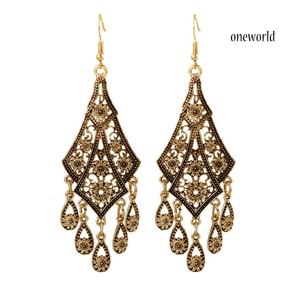 OW@ Vintage Women Chandelier Eardrops Hollow Leaves Tassels Dangle Hook Earrings