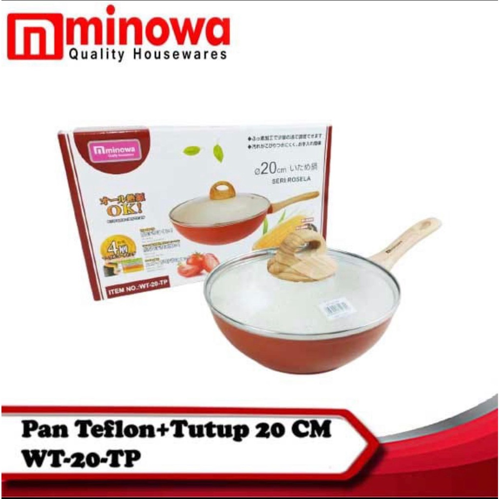 Minowa Wok Pan Lapisan Ceramik Marble + Tutup Kaca