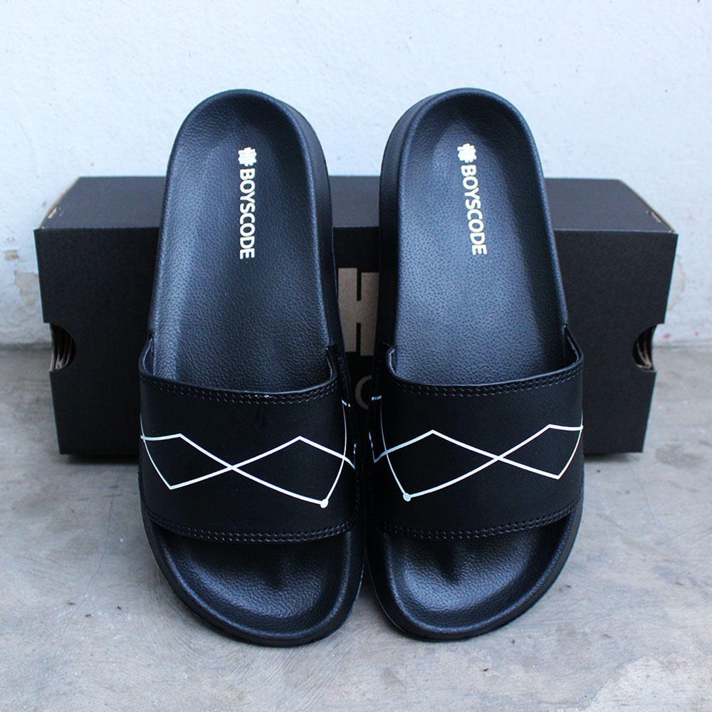 Sandal Slip On Pria Distro Terbaru Boyscode Curves Lines Hitam / Sandal Slop / Sandal Slide Pria