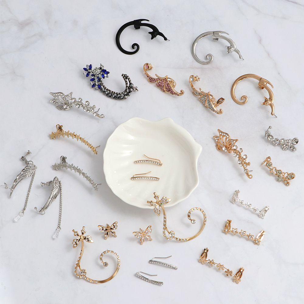 Suyo 1PC/1pasang Kupu-Kupu Klip Anting Fashion Perhiasan Wanita Gadis Punk Bungkus Tulang Rawan Bling Bling Kristal Telinga Stud