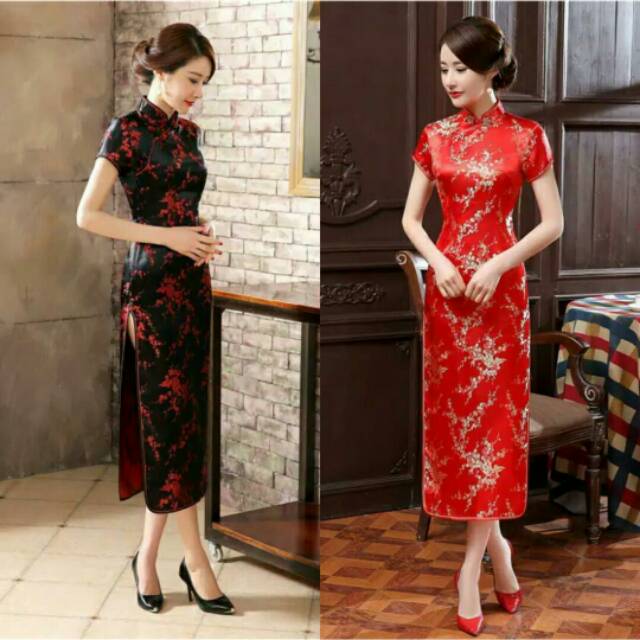 ReStock Qipao Long Dress Bunga Sakura Hitam Merah