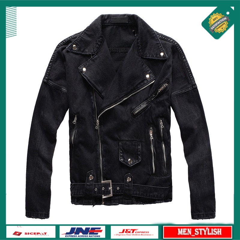 Jaket Denim Pria Original Premium Mens Punk Denim Jacket Multi Zipper Belt Biker Jeans Jacket Black 