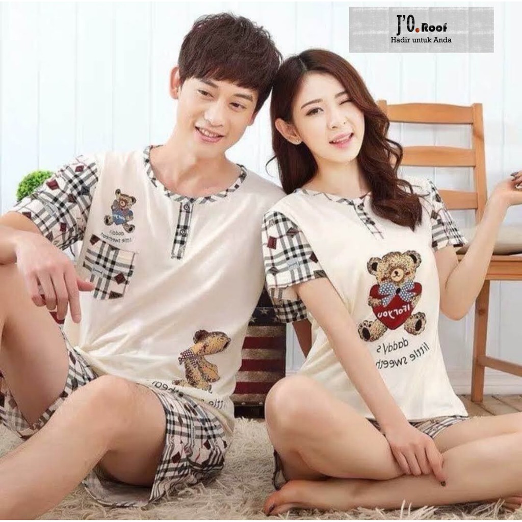 Baju Tidur/Piyama Set Couple/Pasangan Cream Bear Lucu Murah