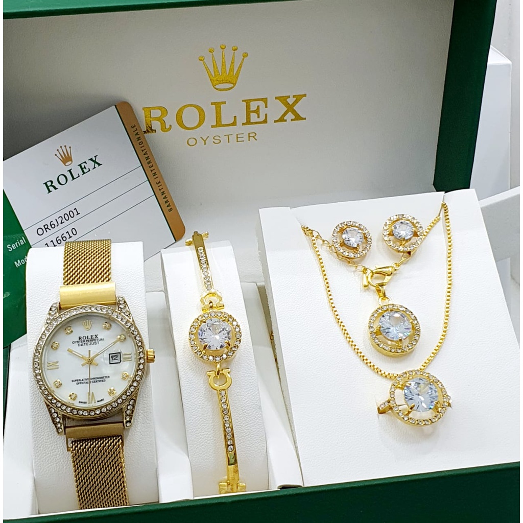 Jam Tangan Wanita Rolex Full Set Free Box + Kalung +  Cincin + Gelang + Anting Jam Tangan Wanita Ter