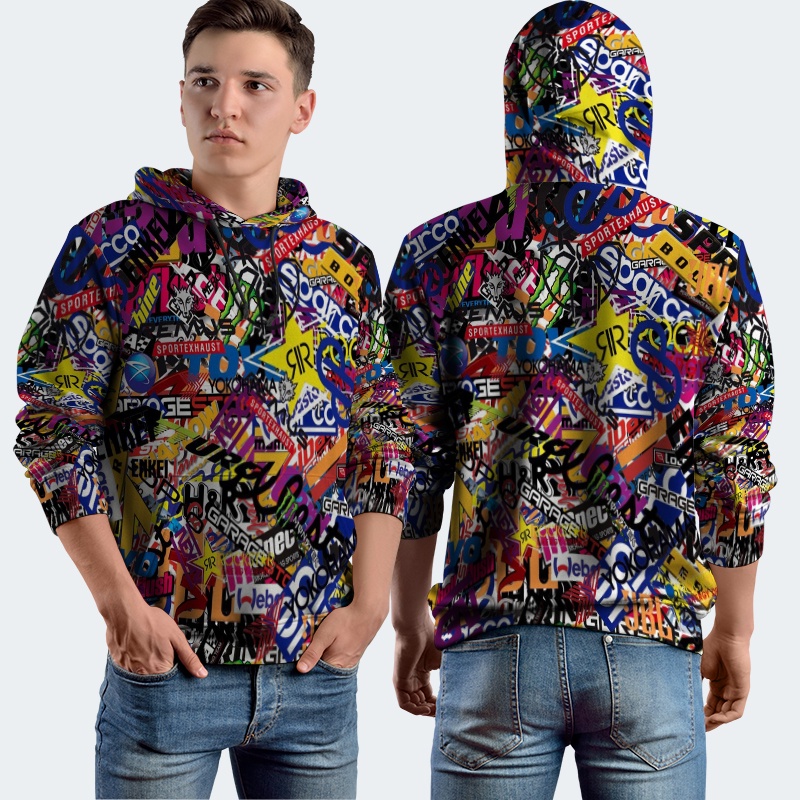 Jaket Hoodie Fullprint Rockstar Racing Stickerbomb Bahan Polyester Jersey