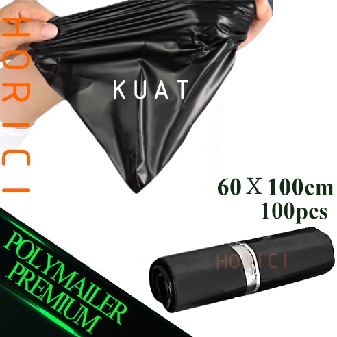 Plastik Packing Olshop PE Polymailer 60x100cm Lem Perekat Isi 100pcs Anti Plong Hitam Glossy Tebal