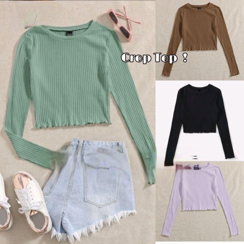 Crop Top Atasan Rajut Kriwil Lengan Panjang - Crop Wanita Terbaru