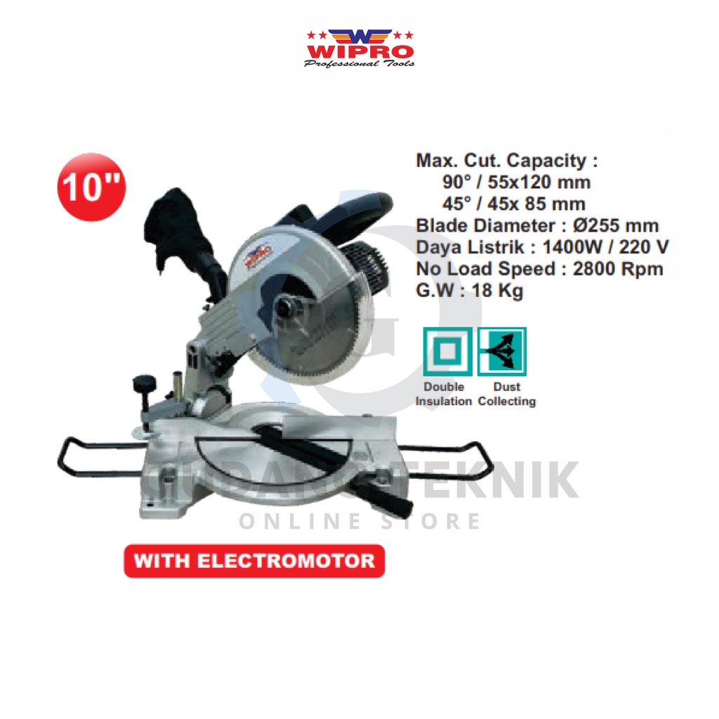 Mesin Gergaji Sudut 10&quot; WIPRO WP-925514 / Mesin Miter Saw Gergaji Sudut 10inch WIPRO W 925514 - Mitre Saw Machine 1400W WIPRO WP925514