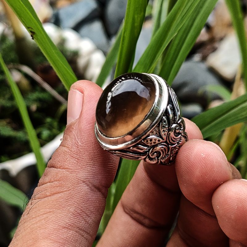 CINCIN BATU AKIK NATURAL SMOKY QUARZT CRYSTAL KECUBUNG TEH SOLAR SOLOK SELATAN KODE 02055