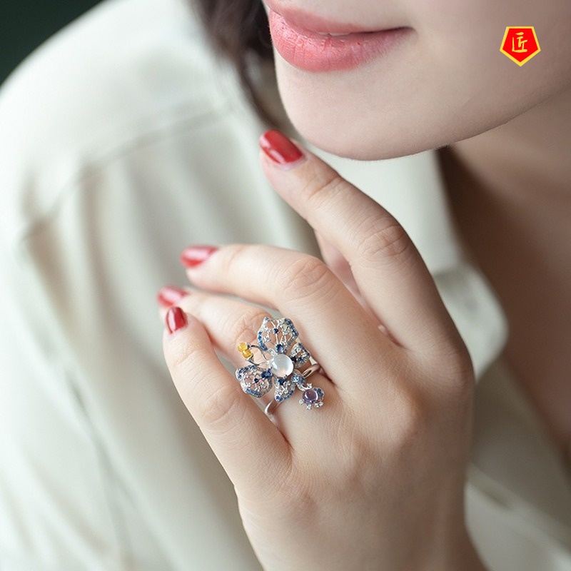 [Ready Stock]Women's Fashionable Elegant Emerald Sapphire Butterfly Ring