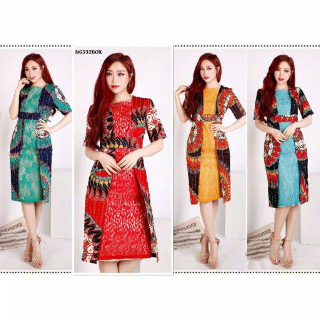 Dress Batik Solo Wanita Kombinasi Brukat Katun Stretch Sale Fit L Ng532