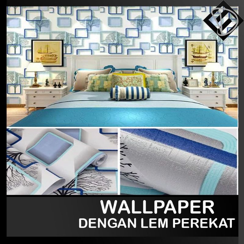 (COD) Wallpaper Dinding Kamar Tidur Ruang Tamu 3D POHON KOTAK BIRU Walpaper Stiker Dekorasi Rumah Murah