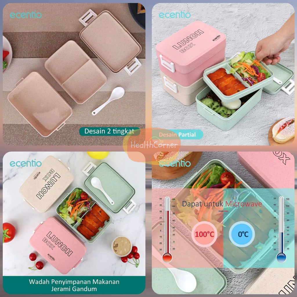 Ecentio Tempat Makan Lunch Box Set Kotak Makan Bekal Lunchbox Wheat Jerami Gandum 1000ML Double Layer PP Free Sendok BPA Free
