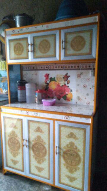 Rak Piring 3 Pintu Kaca Lukis Tiang Besar Full Colour Samping Keramik (promo Harga)