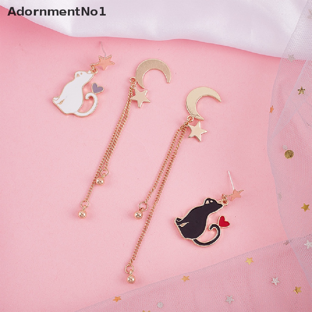 (AdornmentNo1) Anting Tusuk Asimetris Motif Kucing + Bulan + Bintang Untuk Perhiasan Wanita