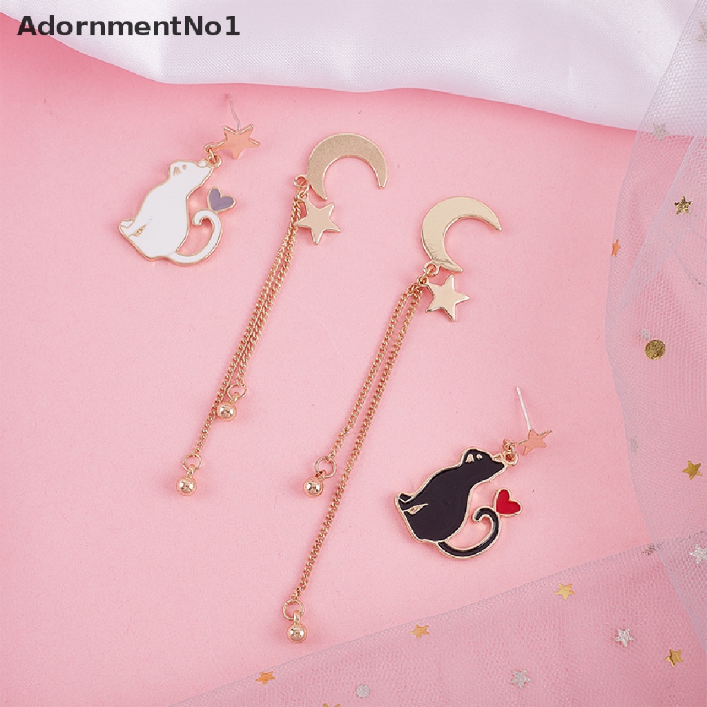 (AdornmentNo1) Anting Tusuk Asimetris Motif Kucing + Bulan + Bintang Untuk Perhiasan Wanita