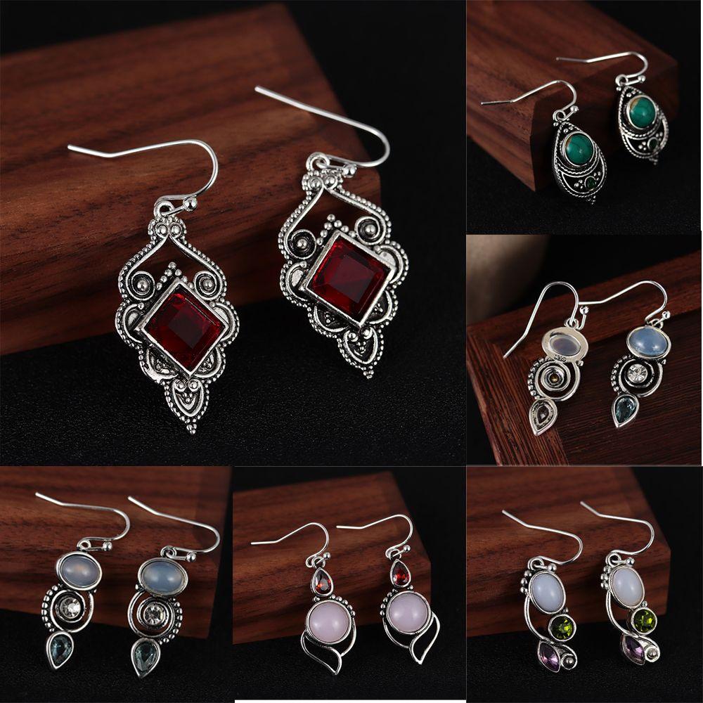 Suyo 1pasang Moonstone Anting Pesona Hadiah Vintage Perhiasan Menjuntai Pertunangan Pernikahan Turquoise