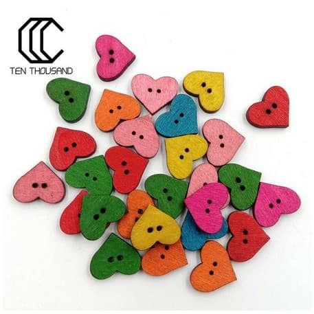 Kancing Kayu 2 Lubang - TEN THOUSAND Colorful Heart Shape (10pcs)