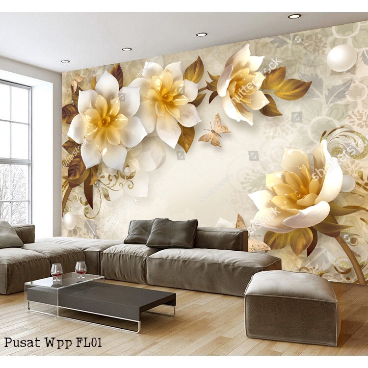 Wallpaper 3D custom motif bunga emas , Wallpaper Bunga 3D Gold, Wallpaper Ruang Tamu Bunga emas 3D