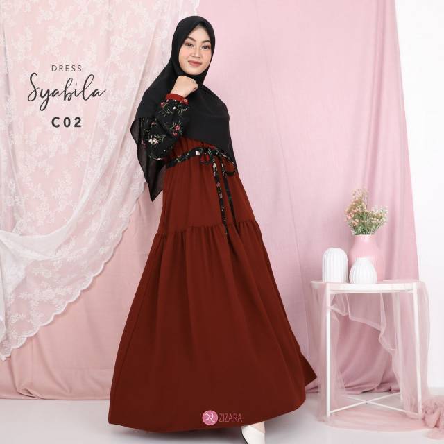 Gamis Syabila Dress Zizara Kode C02 Warna Maroon Hitam Busui Syari Cantik Manis Polos Mix Motif