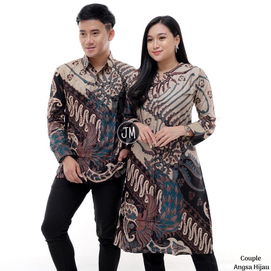 Batik Couple Baju Pasangan Sarimbit Kombinasi Bahan Katun Motif Angsa Hijau Tosca JOyo M L XL XXL Ju