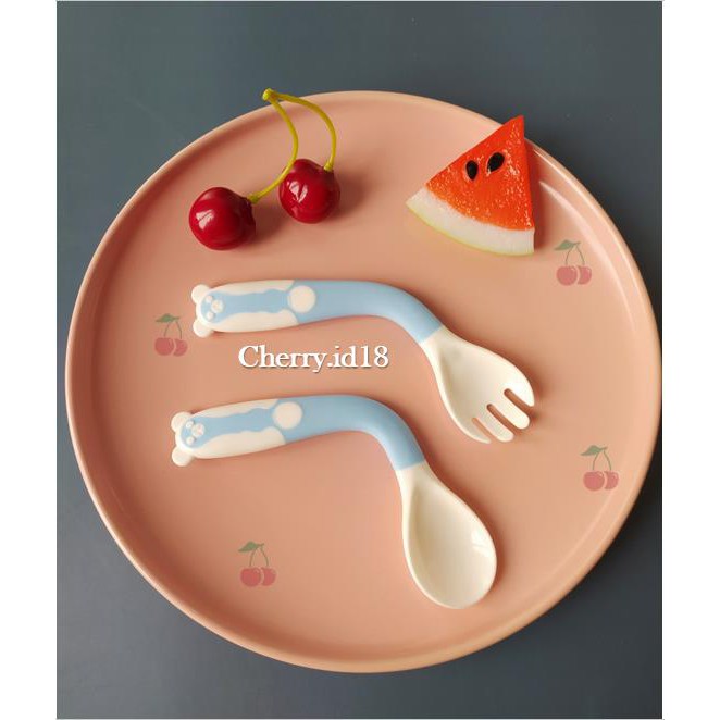 COD Set Sendok Dan Garpu Silicone Bayi / Set Latihan Makan + Garpu Dapat di Bengkokkan twistable