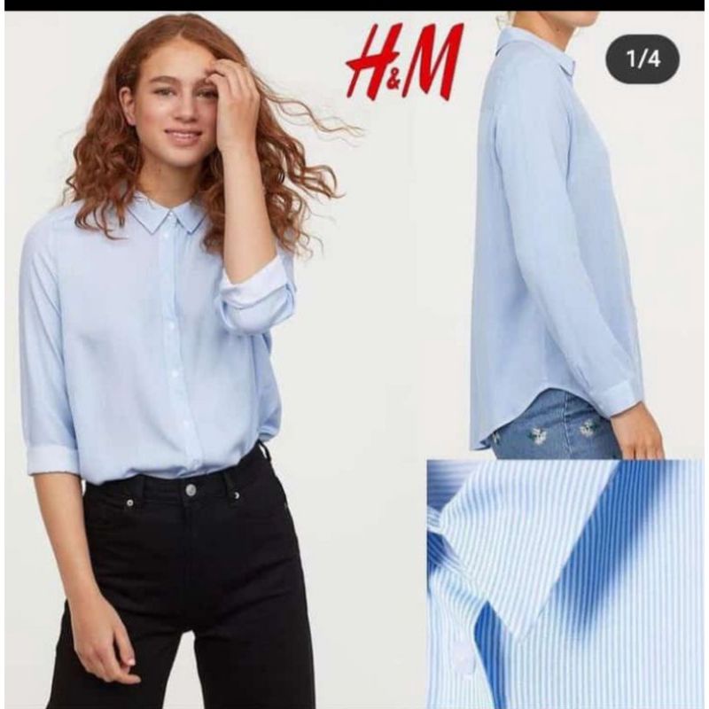 H&M Long Sleeve Patterned /Striped Blouse Wanita Branded Original-Baby Blue