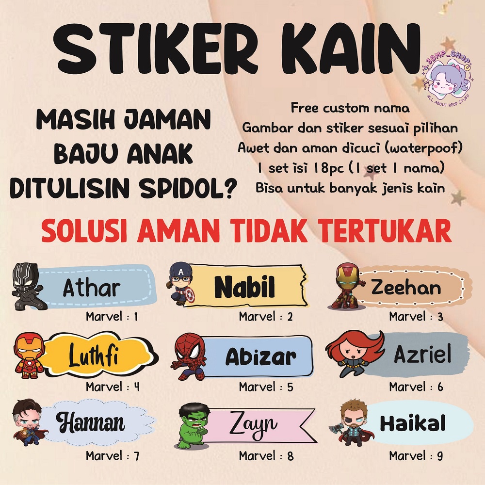 Stiker nama kain baju custom label sablon setrika laki laki pria anak marvel antariksa