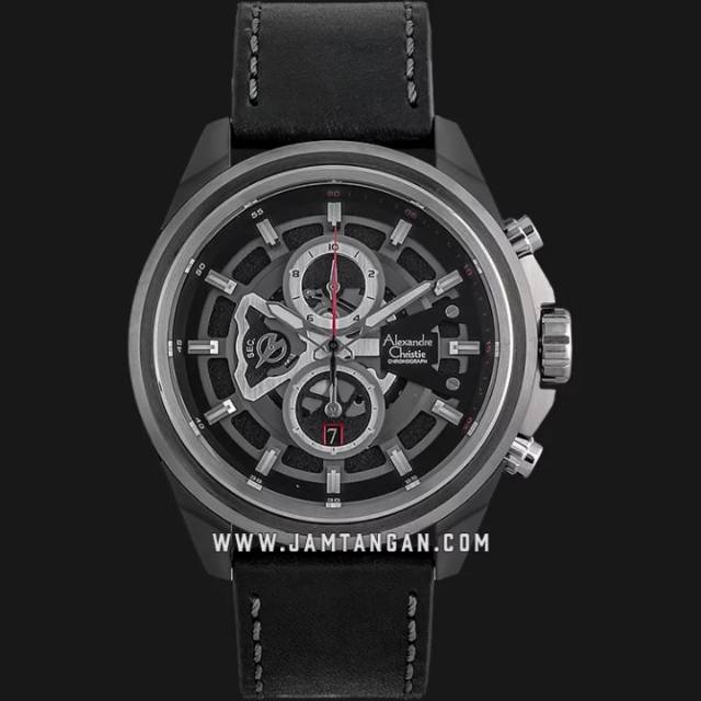 Alexandre Christie AC 6504 MC LEPBA Chronograph Men Skeleton Dial Black Leather Strap