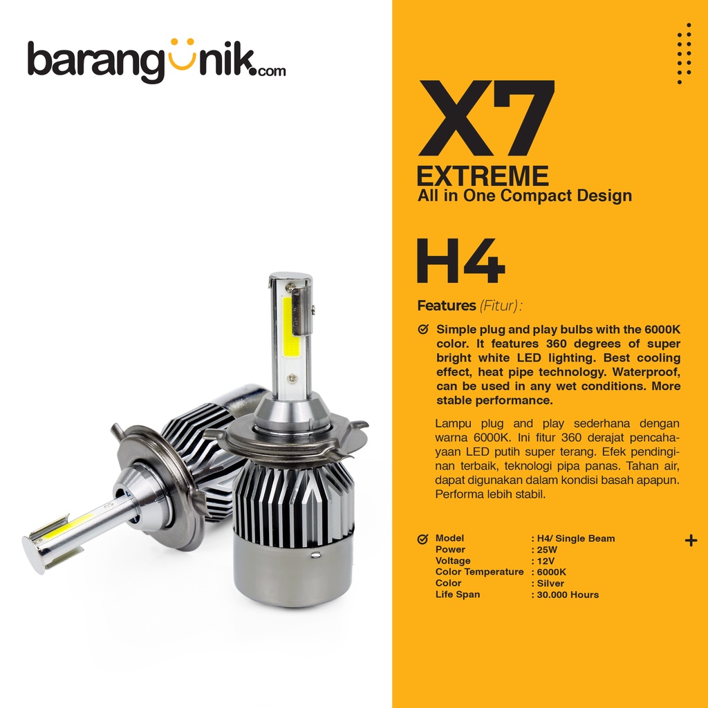 LAMPU MOBIL LED H4 ECO9 25W X7 WARNA PUTIH 6000K (HI/LO)