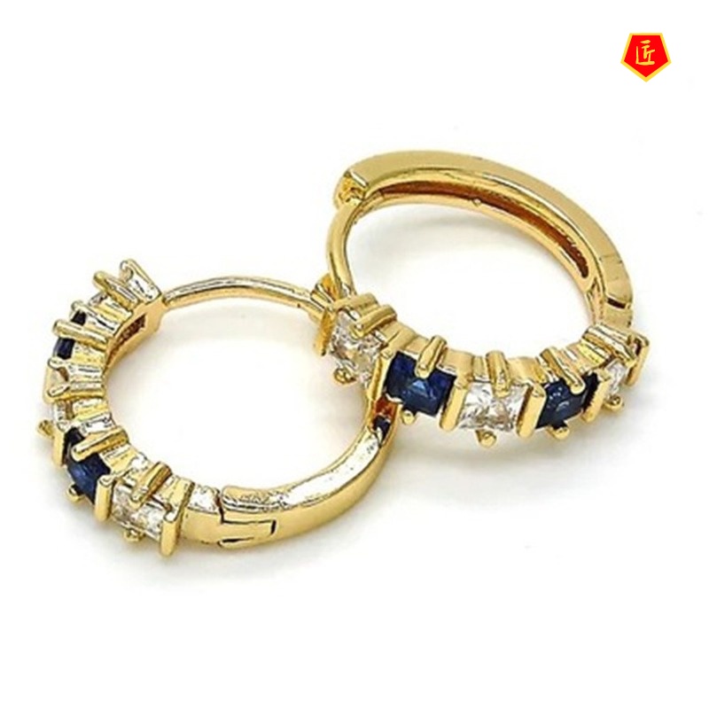 [Ready Stock]18K Gold Inlaid Sapphire Square Diamond Earrings