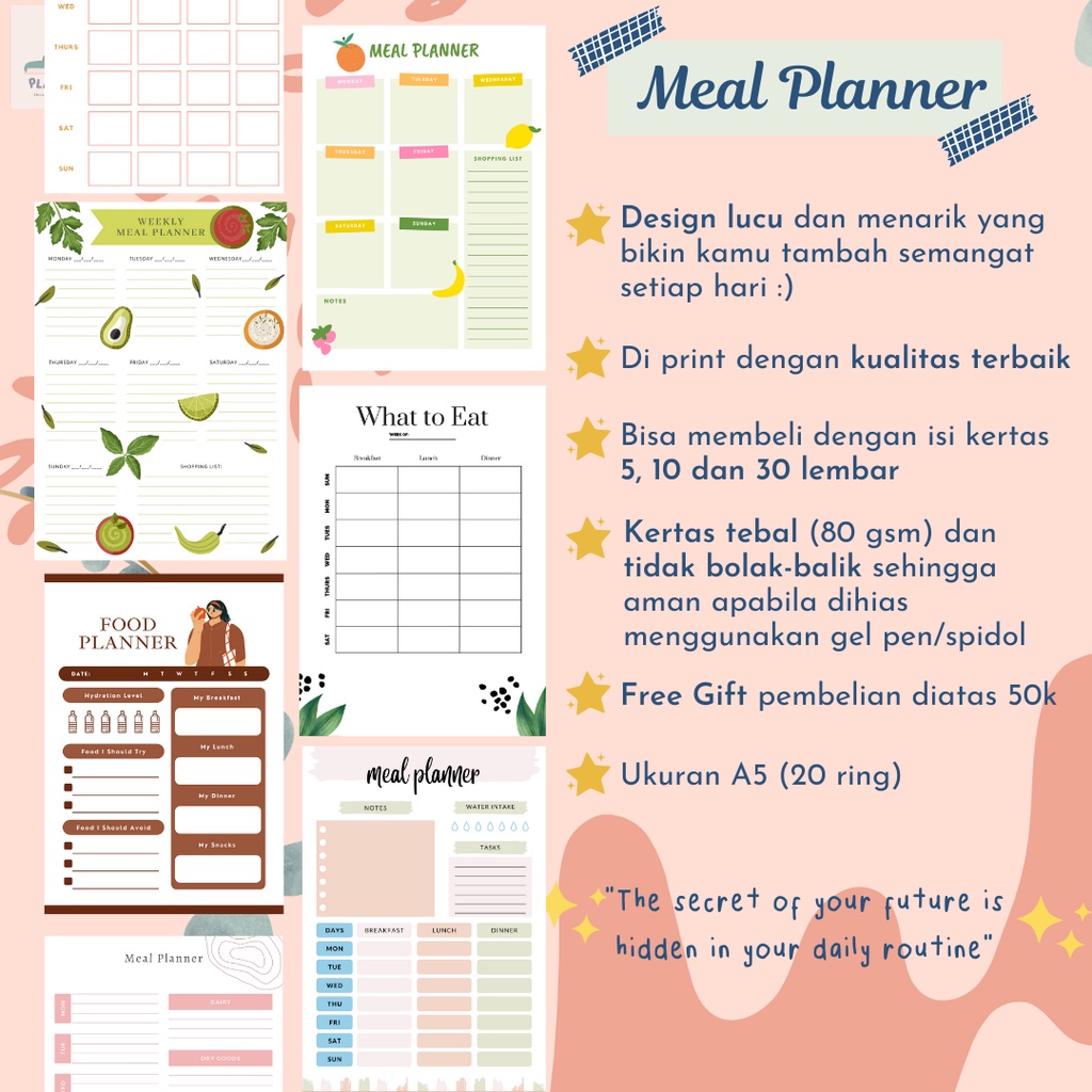 

Meal Planner/Eat Plan Schedule Organizer/Jadwal Diet/Refill Binder/To do List/Pola Makan/Kertas Binder/Bullet Journal A5 80 GSM