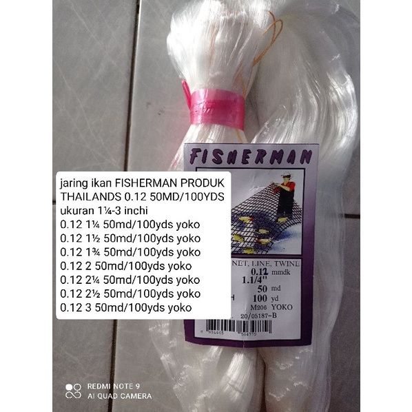 Jaring ikan fisherman 0.12 50md/100yds yoko UKURAN TINGGAL PILIH 1¼-3 inchi FISERMAN produk tahiland setara dengan jaring arida jaring momoi pukat ikan jaring ikan senar murah jaring ikan fisherman