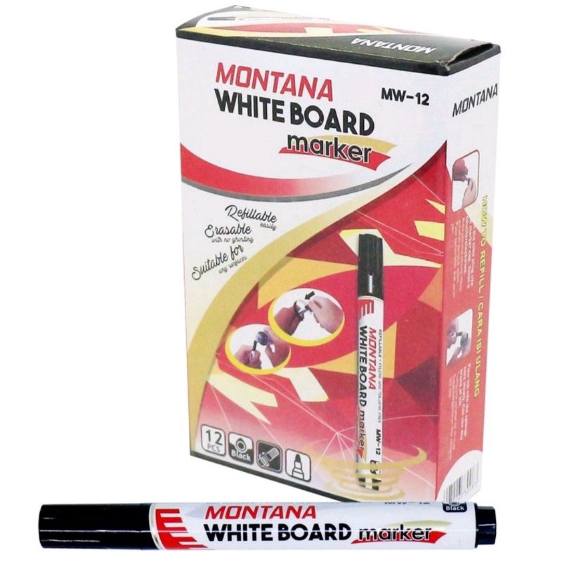 (1box)Spidol Whiteboard Marker Montana Hitam Biru merah / spidol bisa dihapus / spidol isi ulang