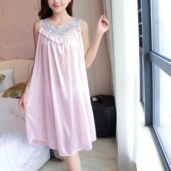 ◙ Baju Tidur Kain Satin Sutra Wanita Baju Tidur Dress Babydoll Renda Polos Import ➬