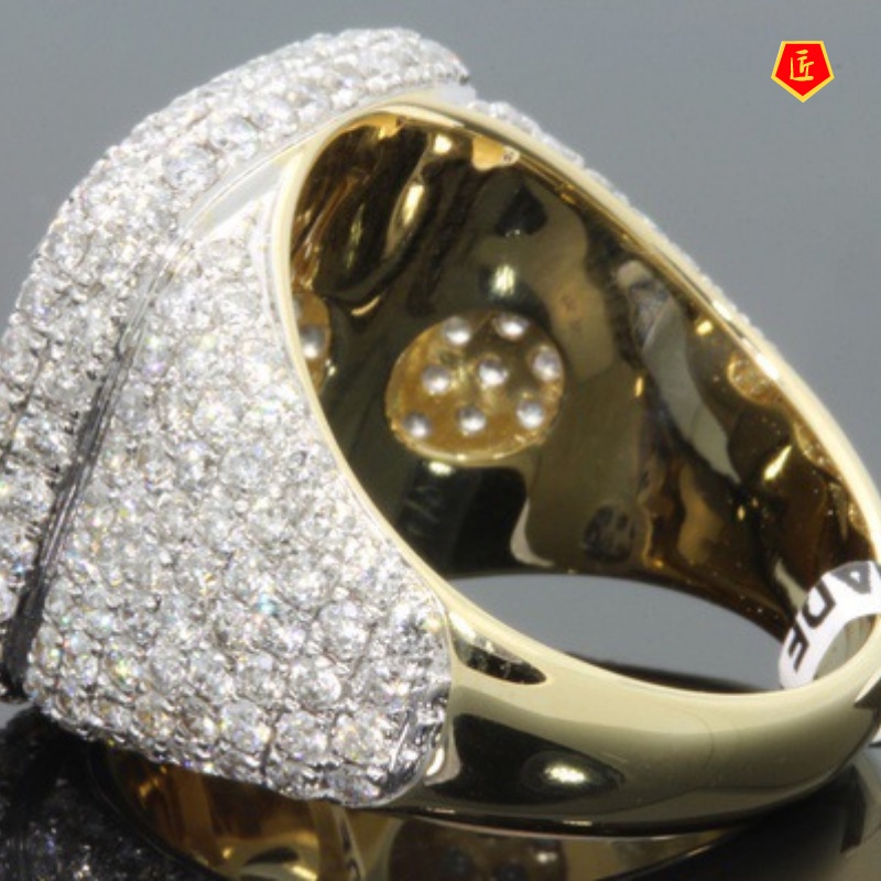 [Ready Stock]18K Gold Full Rhinestone Ring Color Separation Micro-Inlaid Luxury Fashion