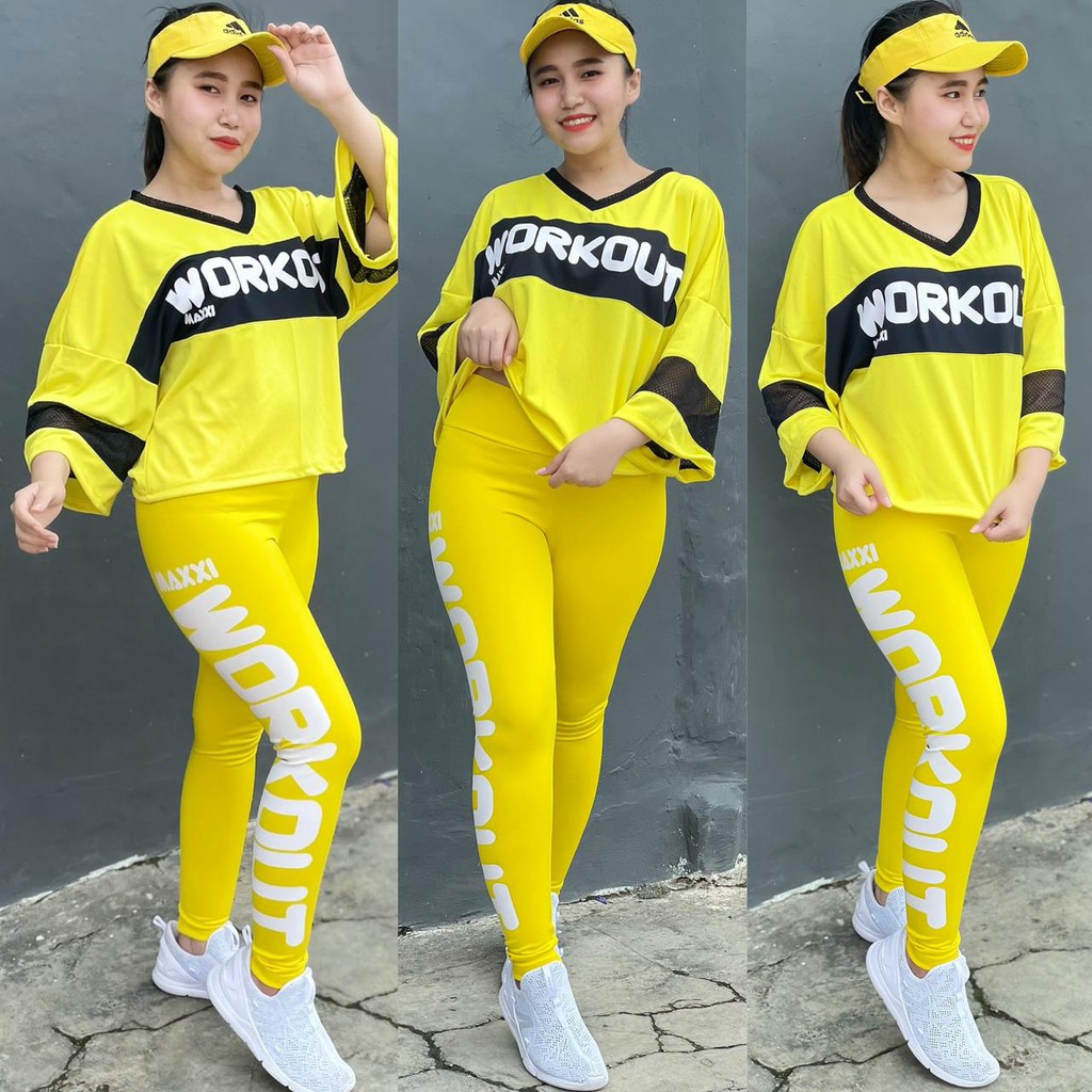 Set Crop Top Legging maxxiWORKOUT Setelan Senam Gym Fitness Aerobic Training Sporty Kuning