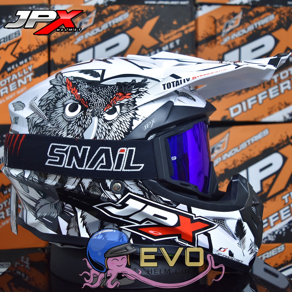 HELM JPX CROSS_FOX1 SERI  X13 - PEARL WHITE GLOSS + GOOGLE SNAIL (ONGKIR 2 KG) JPX X13 WHITE ORIGINAL HELM JPX MOTIF OWL BURUNG HANTU PAKET GANTENG GOOGLE SNAIL JPX HELM TRAIL ADVENTURE KLX X13 BURUNG HANTU HELM JPX TERBARU