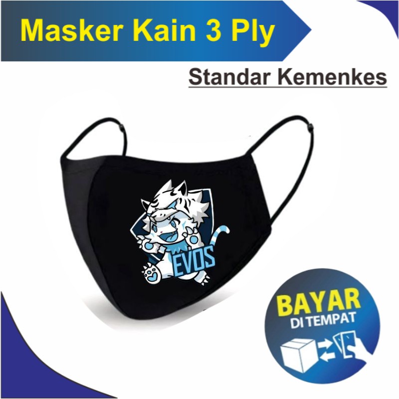Masker Kain 3 Ply Masker squad EVOS ESPORT / Masker hitam 3 Lapis kain 3 ply / 3 lapis headloop earl